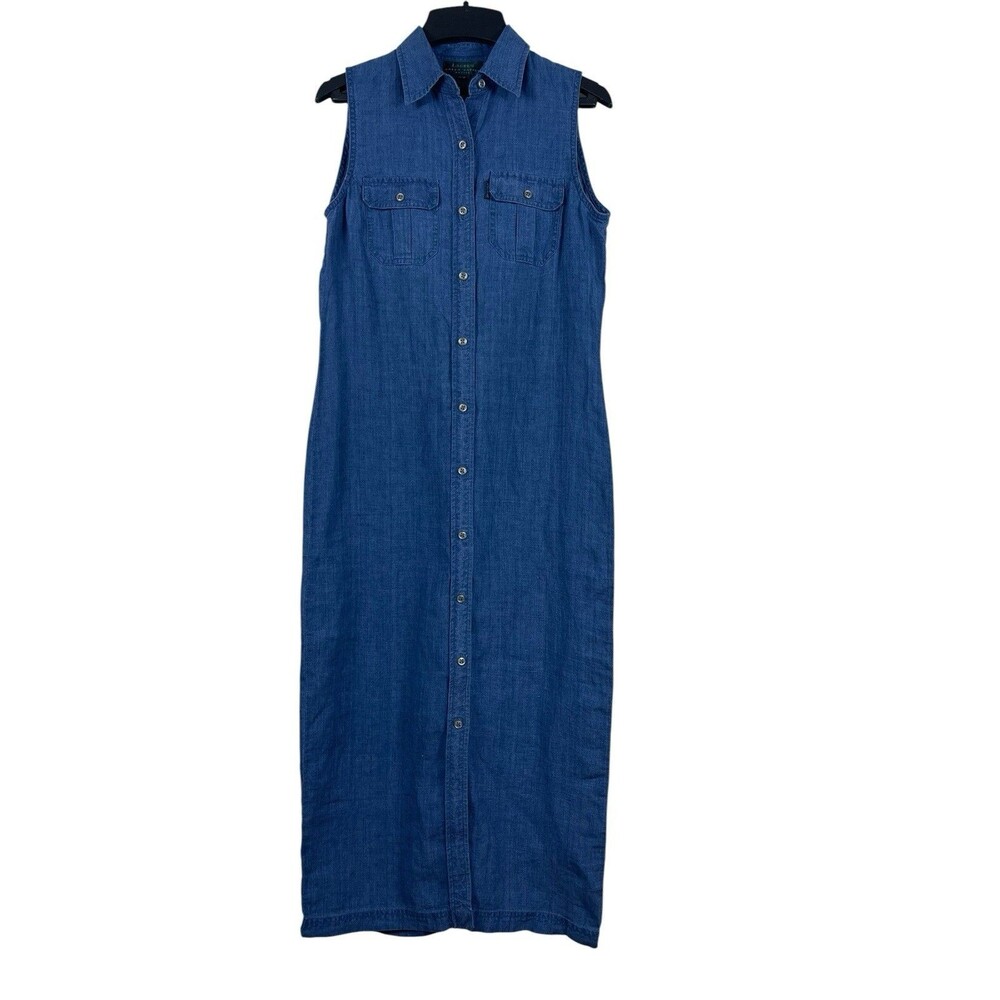90s Ralph Lauren 100% Linen Shirt Dress Womens PS Blue Sleeveless Button Midi
